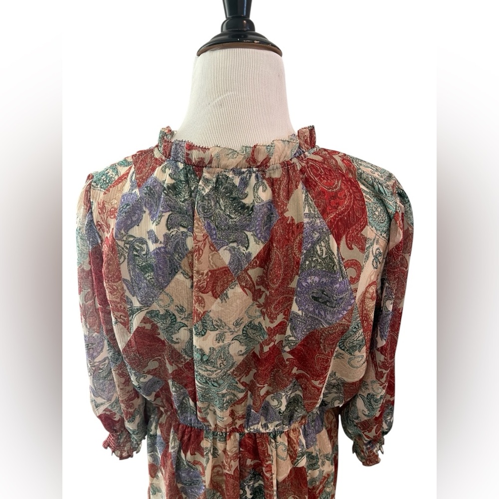 Jessica Simpson Red Cream Green Purple Paisley V-Neck Peasant Tunic - Picture 4 of 6